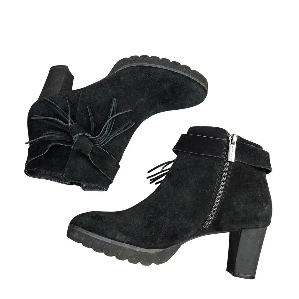 Sacha London Black Suede Tie Fringe Heeled Ankle Boots Side Zip‎ Women Sz 9